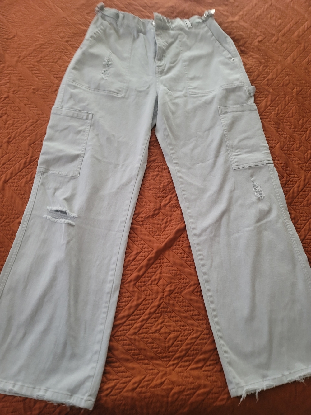 Ultra Flirt Light Gray Distressed Wide-Leg Cargo Pants